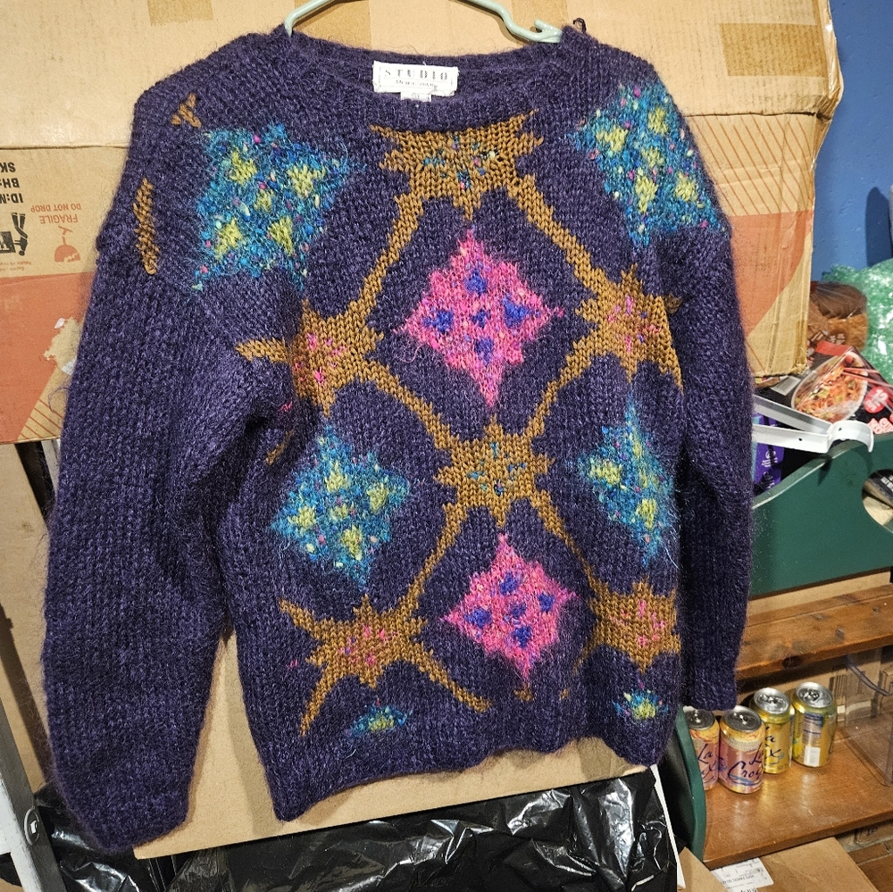 Studio Michelle Stuart Hand Knit Wool Blend Purple Holiday Sweater Size Small